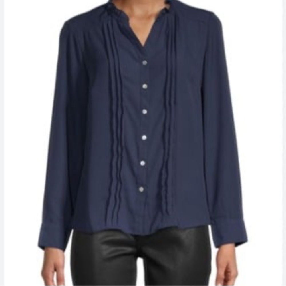 Pintuck Button-Down Navy Blouse